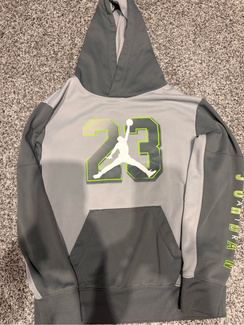 Jordan BOY’s Gray and Dark Gray Crewneck Hoodie with Neon Accent 23